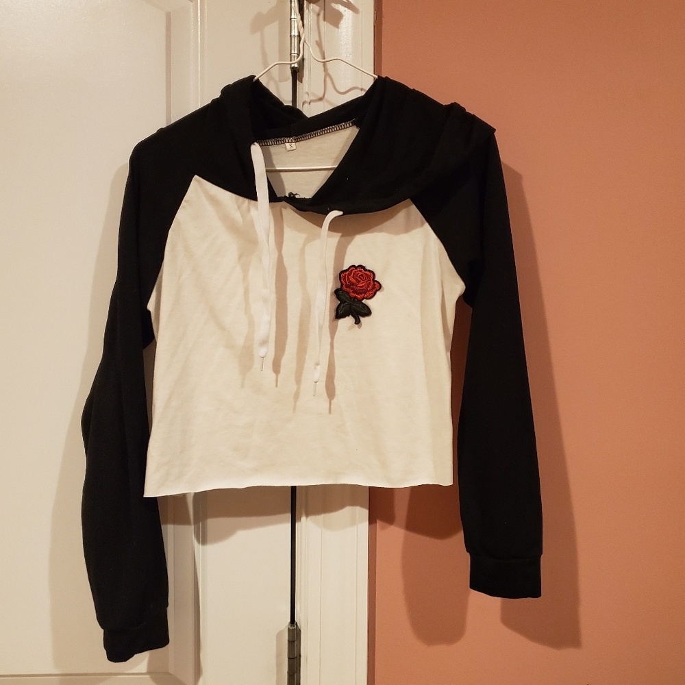 Shein Rose Embroidered Crop Longsleeve Hoodie